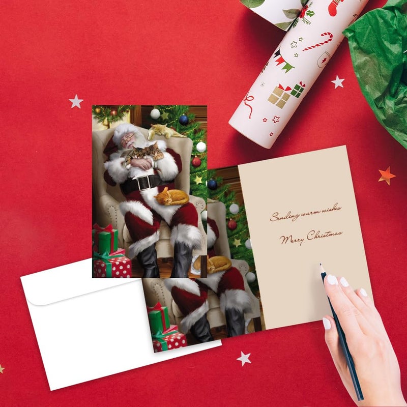 Tree-Free Greetings - Season's Greeting Cards - Artful Designs - 12 Cards + White Envelopes - Made in USA - 100% Recycled Paper - 4 x 6 - Cat Nap Santa (FS93513) - Image 2
